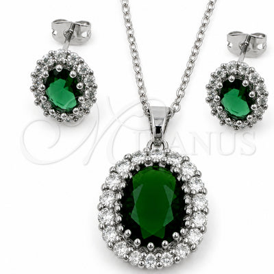 White Gold Filled Earring and Pendant Adult Set, Cluster Design, with Green and White Cubic Zirconia, Polished, Rhodium Finish, 10.448.0042