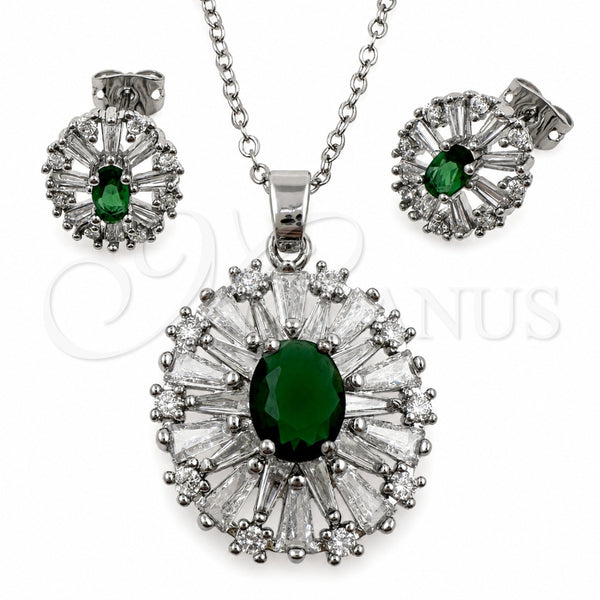 White Gold Filled Earring and Pendant Adult Set, Cluster and Baguette Design, with Green and White Cubic Zirconia, Polished, Rhodium Finish, 10.448.0011.2