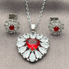White Gold Filled Earring and Pendant Adult Set, Heart and Cluster Design, with Garnet and White Cubic Zirconia, Polished, Rhodium Finish, 10.448.0043