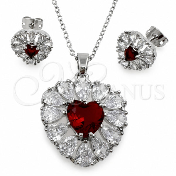 White Gold Filled Earring and Pendant Adult Set, Heart and Cluster Design, with Garnet and White Cubic Zirconia, Polished, Rhodium Finish, 10.448.0043