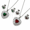 White Gold Filled Earring and Pendant Adult Set, Heart and Cluster Design, with Garnet and White Cubic Zirconia, Polished, Rhodium Finish, 10.448.0043