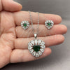 White Gold Filled Earring and Pendant Adult Set, Heart and Cluster Design, with Green and White Cubic Zirconia, Polished, Rhodium Finish, 10.448.0043.1