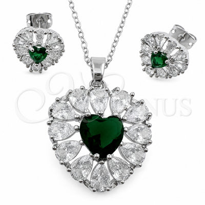 White Gold Filled Earring and Pendant Adult Set, Heart and Cluster Design, with Green and White Cubic Zirconia, Polished, Rhodium Finish, 10.448.0043.1