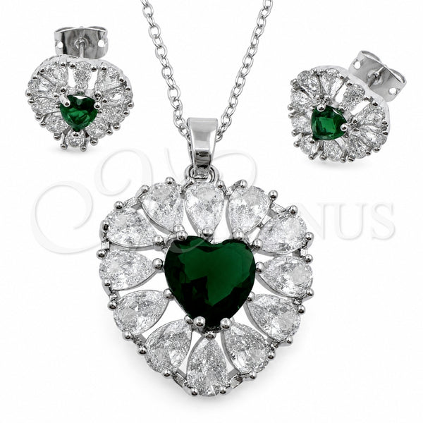 White Gold Filled Earring and Pendant Adult Set, Heart and Cluster Design, with Green and White Cubic Zirconia, Polished, Rhodium Finish, 10.448.0043.1