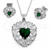White Gold Filled Earring and Pendant Adult Set, Heart and Cluster Design, with Green and White Cubic Zirconia, Polished, Rhodium Finish, 10.448.0043.1