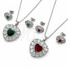 White Gold Filled Earring and Pendant Adult Set, Heart and Cluster Design, with Green and White Cubic Zirconia, Polished, Rhodium Finish, 10.448.0043.1