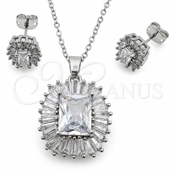 White Gold Filled Earring and Pendant Adult Set, Cluster and Baguette Design, with White Cubic Zirconia, Polished, Rhodium Finish, 10.448.0044