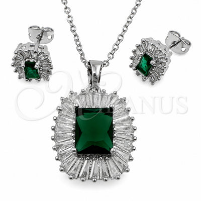White Gold Filled Earring and Pendant Adult Set, Cluster and Baguette Design, with Green and White Cubic Zirconia, Polished, Rhodium Finish, 10.448.0044.1