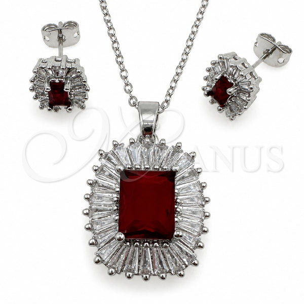 White Gold Filled Earring and Pendant Adult Set, Cluster and Baguette Design, with Garnet and White Cubic Zirconia, Polished, Rhodium Finish, 10.448.0044.2