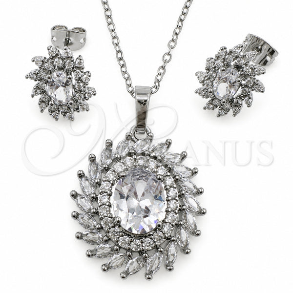 White Gold Filled Earring and Pendant Adult Set, Cluster Design, with White Cubic Zirconia, Polished, Rhodium Finish, 10.448.0045