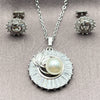 White Gold Filled Earring and Pendant Adult Set, Baguette and Leaf Design, with White Cubic Zirconia and Ivory Pearl, Polished, Rhodium Finish, 10.448.0046