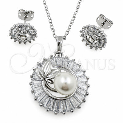 White Gold Filled Earring and Pendant Adult Set, Baguette and Leaf Design, with White Cubic Zirconia and Ivory Pearl, Polished, Rhodium Finish, 10.448.0046