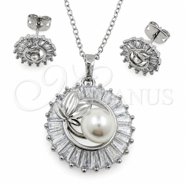 White Gold Filled Earring and Pendant Adult Set, Baguette and Leaf Design, with White Cubic Zirconia and Ivory Pearl, Polished, Rhodium Finish, 10.448.0046