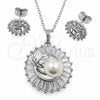 White Gold Filled Earring and Pendant Adult Set, Baguette and Leaf Design, with White Cubic Zirconia and Ivory Pearl, Polished, Rhodium Finish, 10.448.0046
