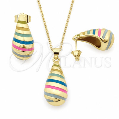 Oro Laminado Earring and Pendant Adult Set, Gold Filled Style Teardrop Design, Multicolor Enamel Finish, Golden Finish, 10.312.0001