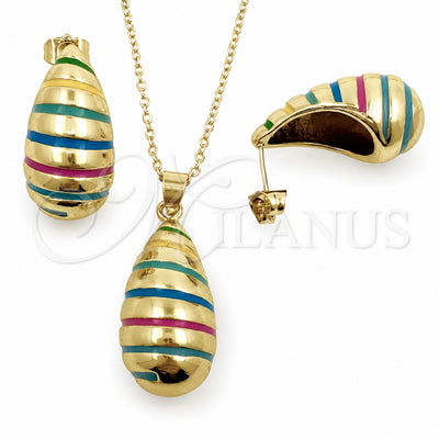 Oro Laminado Earring and Pendant Adult Set, Gold Filled Style Teardrop Design, Multicolor Enamel Finish, Golden Finish, 10.312.0002