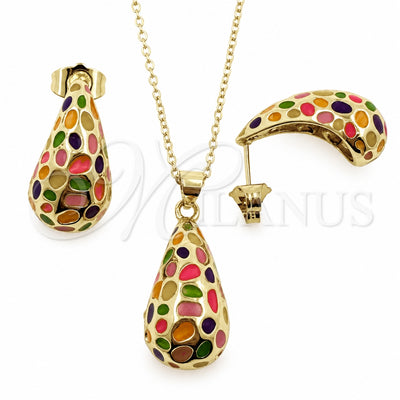 Oro Laminado Earring and Pendant Adult Set, Gold Filled Style Teardrop Design, Multicolor Enamel Finish, Golden Finish, 10.312.0003