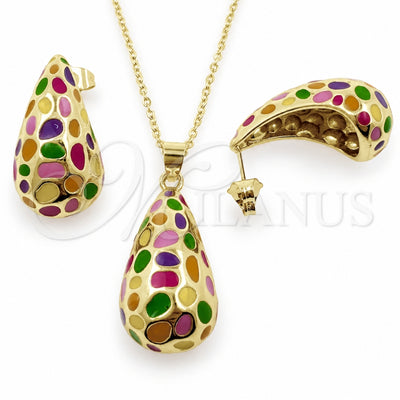 Oro Laminado Earring and Pendant Adult Set, Gold Filled Style Teardrop Design, Multicolor Enamel Finish, Golden Finish, 10.312.0004