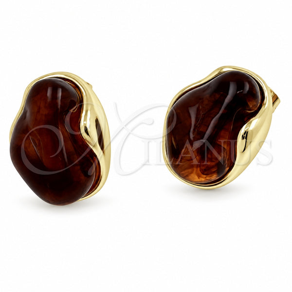 Oro Laminado Stud Earring, Gold Filled Style Brown Resin Finish, Golden Finish, 02.60.0181