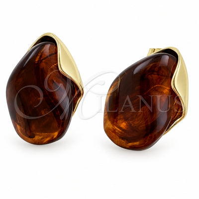 Oro Laminado Stud Earring, Gold Filled Style Teardrop Design, Brown Resin Finish, Golden Finish, 02.60.0182