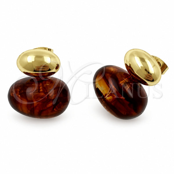 Oro Laminado Stud Earring, Gold Filled Style Brown Resin Finish, Golden Finish, 02.60.0184