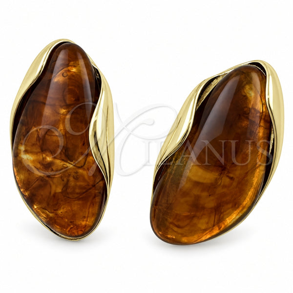Oro Laminado Stud Earring, Gold Filled Style Brown Resin Finish, Golden Finish, 02.60.0196