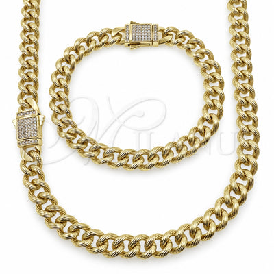 Oro Laminado Necklace and Bracelet, Gold Filled Style Miami Cuban Design, with White Micro Pave, Diamond Cutting Finish, Golden Finish, 06.60.0009.20