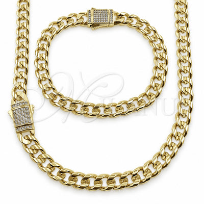Oro Laminado Necklace and Bracelet, Gold Filled Style Miami Cuban Design, with White Cubic Zirconia, Polished, Golden Finish, 06.60.0010.20