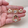 Oro Laminado Necklace, Earring and Ring, Gold Filled Style Heart Design, with White Cubic Zirconia, Polished, Golden Finish, 06.424.0003