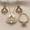 Oro Laminado Necklace, Earring and Ring, Gold Filled Style Heart Design, with White Cubic Zirconia, Polished, Golden Finish, 06.424.0003