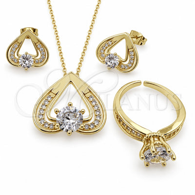 Oro Laminado Necklace, Earring and Ring, Gold Filled Style Heart Design, with White Cubic Zirconia, Polished, Golden Finish, 06.424.0003