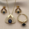 Oro Laminado Necklace, Earring and Ring, Gold Filled Style Heart Design, with Sapphire Blue and White Cubic Zirconia, Polished, Golden Finish, 06.424.0003.1