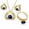 Oro Laminado Necklace, Earring and Ring, Gold Filled Style Heart Design, with Sapphire Blue and White Cubic Zirconia, Polished, Golden Finish, 06.424.0003.1
