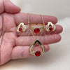 Oro Laminado Necklace, Earring and Ring, Gold Filled Style Heart Design, with Garnet and White Cubic Zirconia, Polished, Golden Finish, 06.424.0003.2