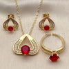 Oro Laminado Necklace, Earring and Ring, Gold Filled Style Heart Design, with Garnet and White Cubic Zirconia, Polished, Golden Finish, 06.424.0003.2