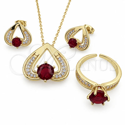 Oro Laminado Necklace, Earring and Ring, Gold Filled Style Heart Design, with Garnet and White Cubic Zirconia, Polished, Golden Finish, 06.424.0003.2