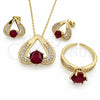 Oro Laminado Necklace, Earring and Ring, Gold Filled Style Heart Design, with Garnet and White Cubic Zirconia, Polished, Golden Finish, 06.424.0003.2