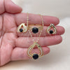 Oro Laminado Necklace, Earring and Ring, Gold Filled Style Heart Design, with Black and White Cubic Zirconia, Polished, Golden Finish, 06.424.0003.3