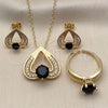 Oro Laminado Necklace, Earring and Ring, Gold Filled Style Heart Design, with Black and White Cubic Zirconia, Polished, Golden Finish, 06.424.0003.3