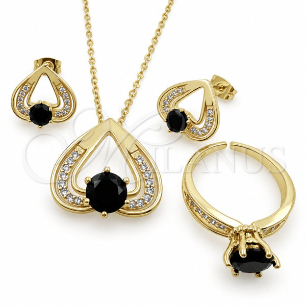 Oro Laminado Necklace, Earring and Ring, Gold Filled Style Heart Design, with Black and White Cubic Zirconia, Polished, Golden Finish, 06.424.0003.3