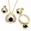 Oro Laminado Necklace, Earring and Ring, Gold Filled Style Heart Design, with Black and White Cubic Zirconia, Polished, Golden Finish, 06.424.0003.3