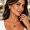 Oro Laminado Necklace, Earring and Ring, Gold Filled Style Heart Design, with Green and White Cubic Zirconia, Polished, Golden Finish, 06.424.0003.4