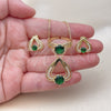 Oro Laminado Necklace, Earring and Ring, Gold Filled Style Heart Design, with Green and White Cubic Zirconia, Polished, Golden Finish, 06.424.0003.4