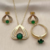 Oro Laminado Necklace, Earring and Ring, Gold Filled Style Heart Design, with Green and White Cubic Zirconia, Polished, Golden Finish, 06.424.0003.4