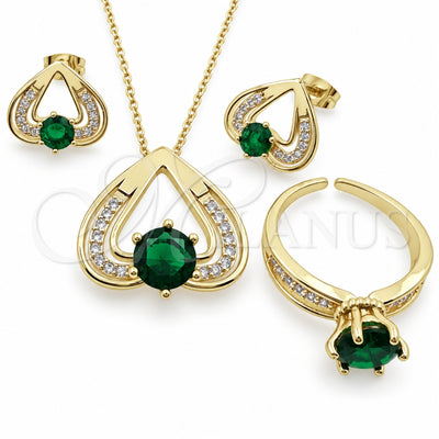 Oro Laminado Necklace, Earring and Ring, Gold Filled Style Heart Design, with Green and White Cubic Zirconia, Polished, Golden Finish, 06.424.0003.4
