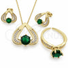 Oro Laminado Necklace, Earring and Ring, Gold Filled Style Heart Design, with Green and White Cubic Zirconia, Polished, Golden Finish, 06.424.0003.4
