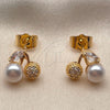Oro Laminado Stud Earring, Gold Filled Style Cherry Design, with Ivory Pearl and White Cubic Zirconia, Polished, Golden Finish, 02.344.0238