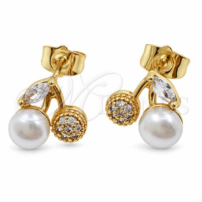 Oro Laminado Stud Earring, Gold Filled Style Cherry Design, with Ivory Pearl and White Cubic Zirconia, Polished, Golden Finish, 02.344.0238