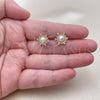 Oro Laminado Stud Earring, Gold Filled Style Flower Design, with Ivory Pearl and White Micro Pave, Polished, Golden Finish, 02.344.0239