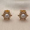 Oro Laminado Stud Earring, Gold Filled Style Flower Design, with Ivory Pearl and White Micro Pave, Polished, Golden Finish, 02.344.0239
